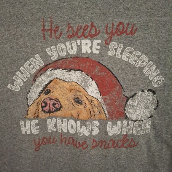 Christmas Dog Shirt He Knows When You Have Snacks Small Grey Santa Hat Festive - Picture 2 of 7